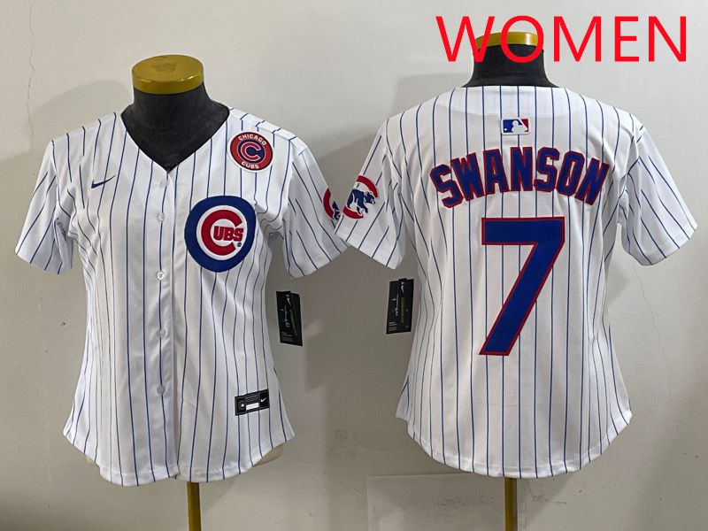 Women 2025 Chicago Cubs 7 Swanson White Stripe Game Nike MLB Jersey style 5